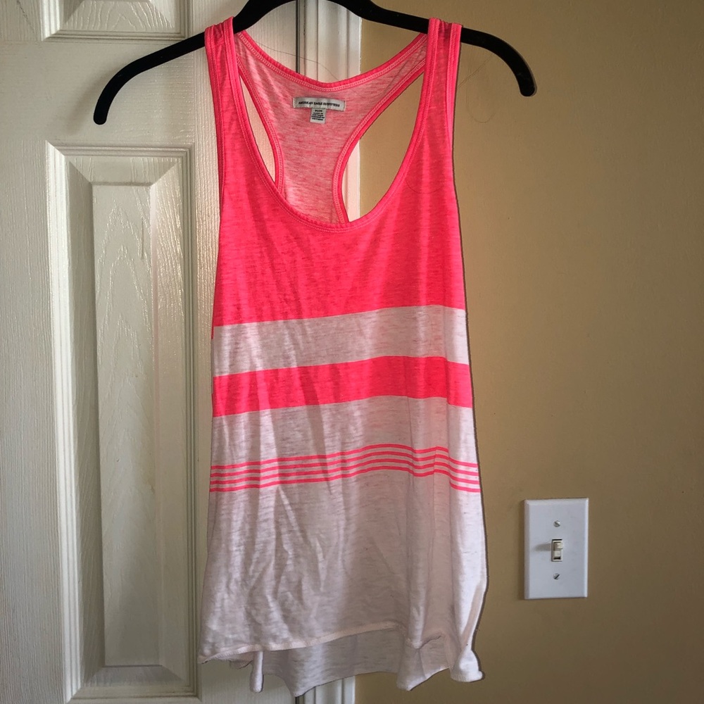 American Eagle Pink/Neon Orange Striped Tank Top